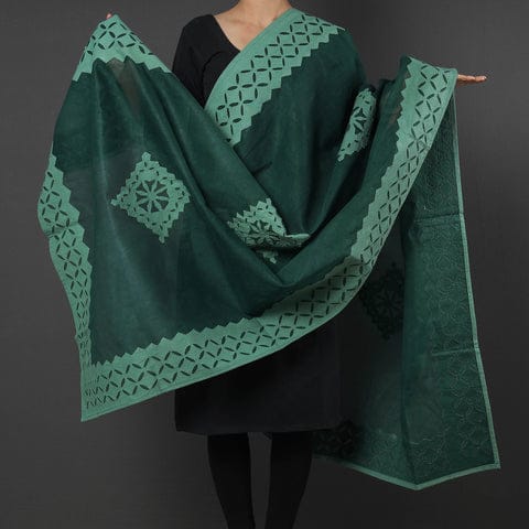 Bottle Green Barmer Applique Cut Work Cotton Dupatta