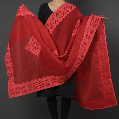 Flaming Red Barmer Applique Cut Work Cotton Dupatta