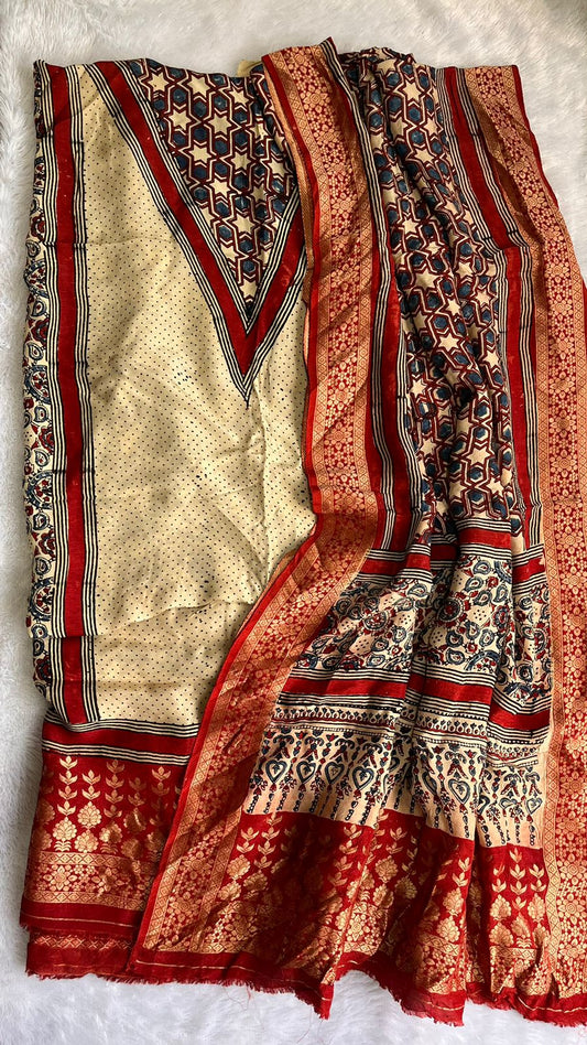 Off White Dola Silk Ajrakh Hand Block Print 2pc Suit Material Set with Nakkashi Dupatta