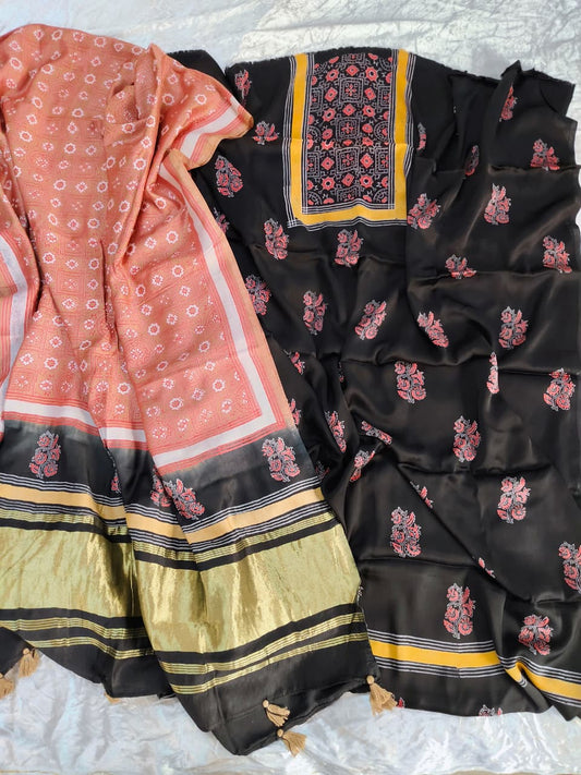 Black and Beige Buti Motif Modal Silk 3 pc Suit Material Set with Modal Silk Lagdi Patti Dupatta
