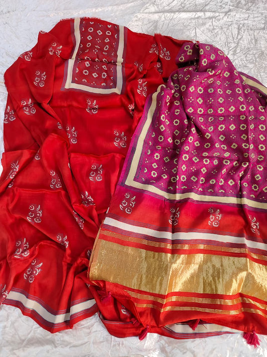 Red Buti Motif Modal Silk 3 pc Suit Material Set with Modal Silk Lagdi Patti Dupatta