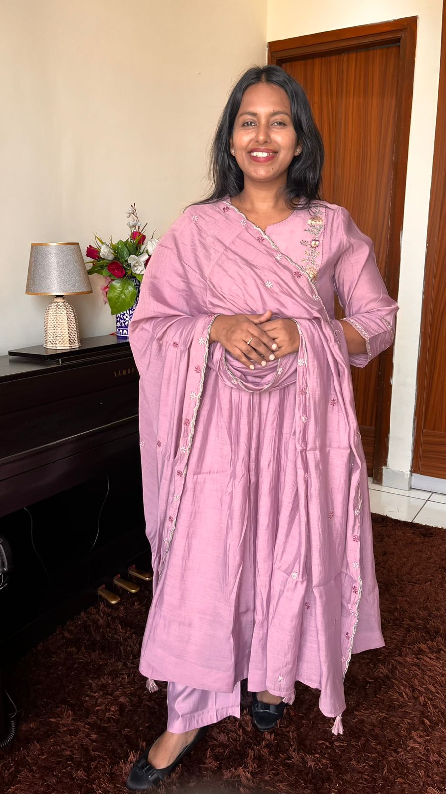 Pyaazi Pink Mul Chanderi Suit Set with Inner Lining and Embroidered Yoke