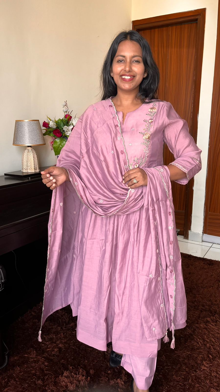 Pyaazi Pink Mul Chanderi Suit Set with Inner Lining and Embroidered Yoke