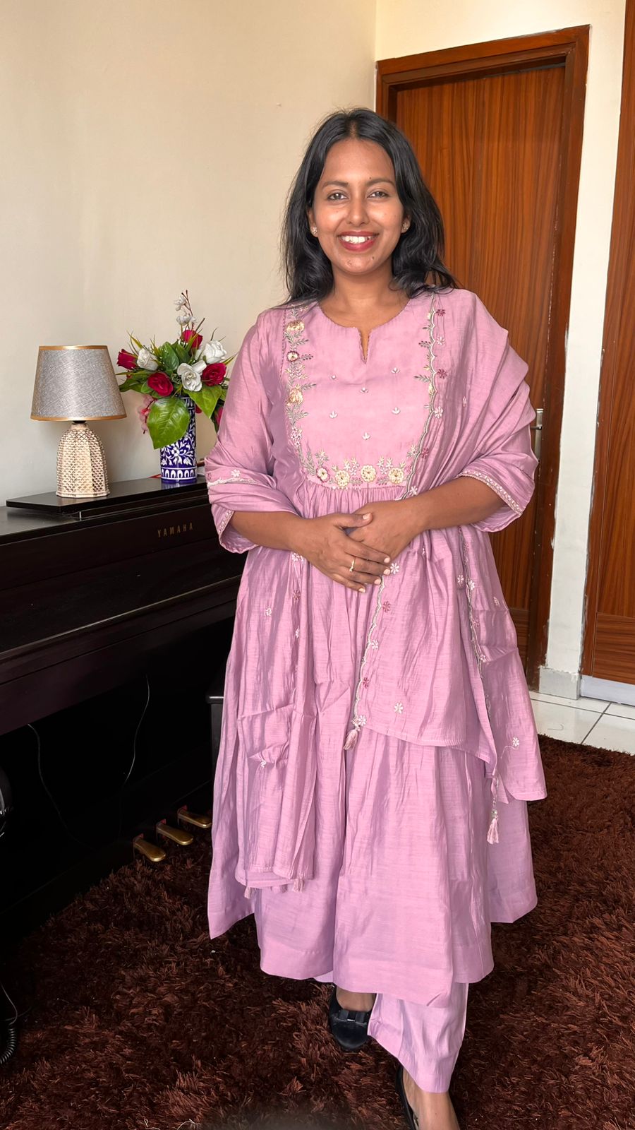 Pyaazi Pink Mul Chanderi Suit Set with Inner Lining and Embroidered Yoke