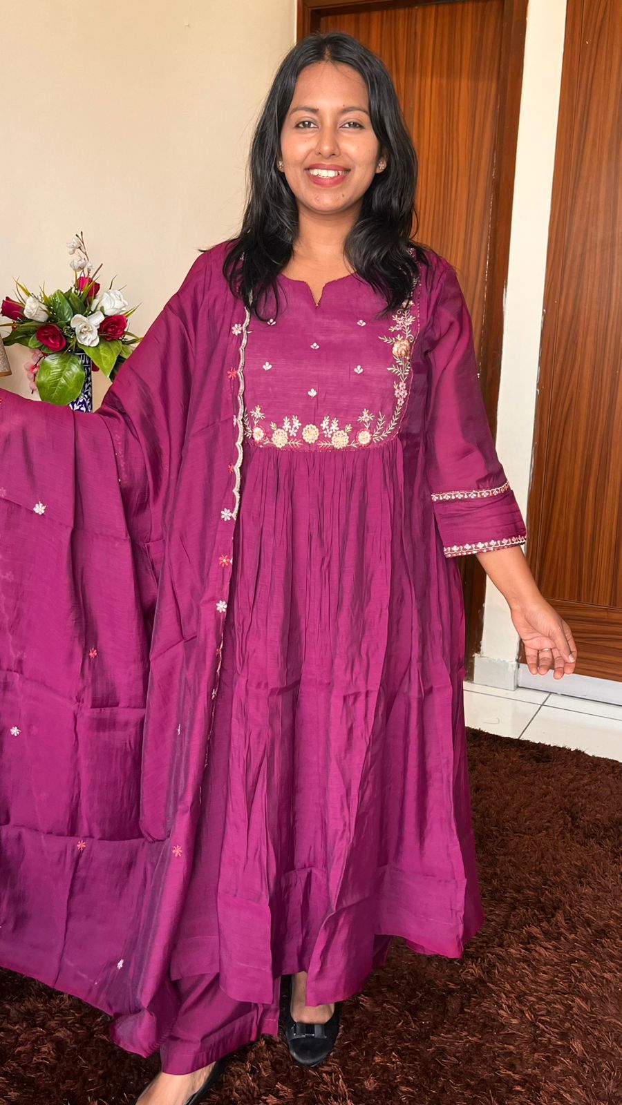 Wine shade Mul Chanderi Suit Set with Inner Lining and Embroidered Yoke