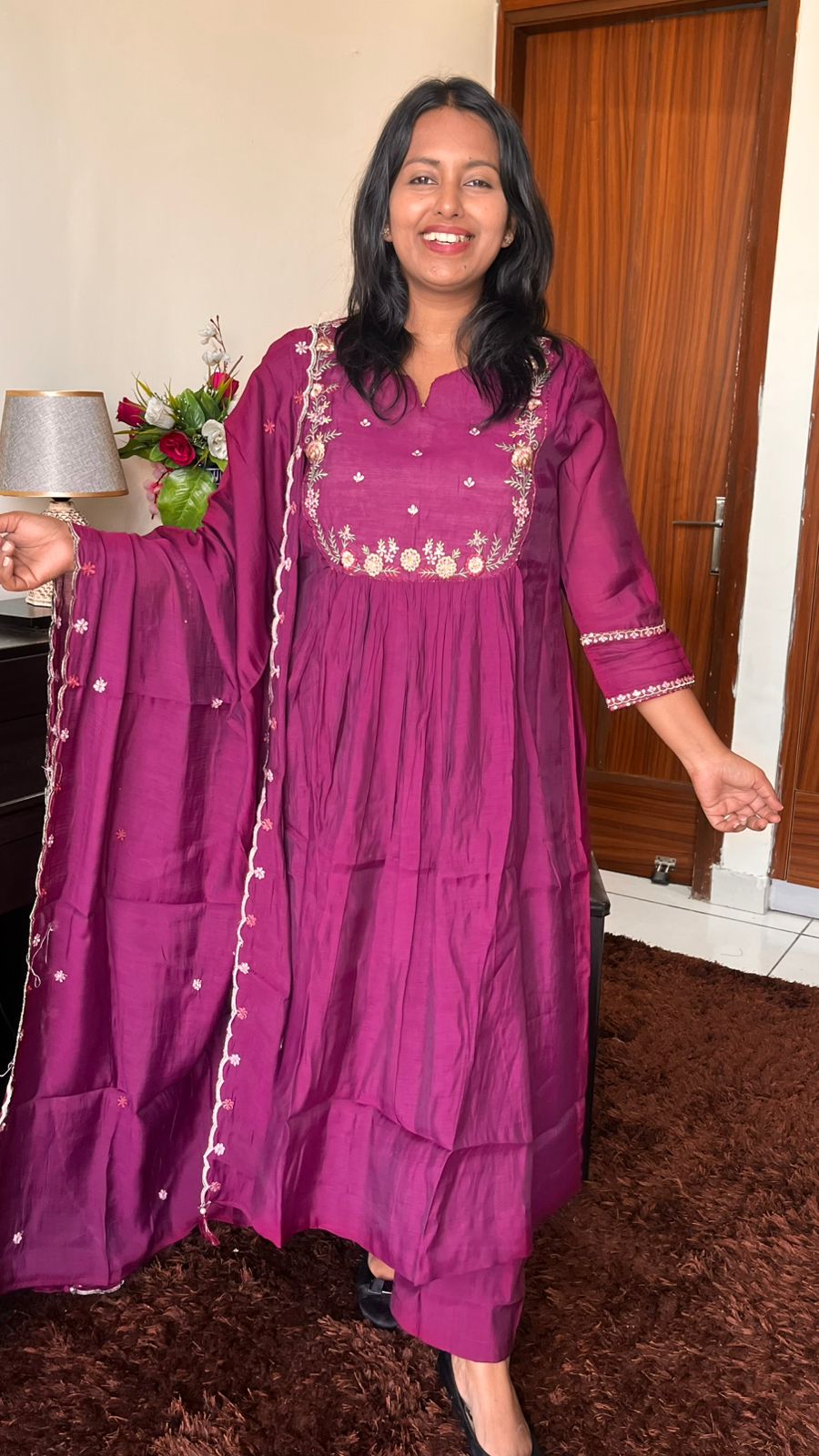 Wine shade Mul Chanderi Suit Set with Inner Lining and Embroidered Yoke