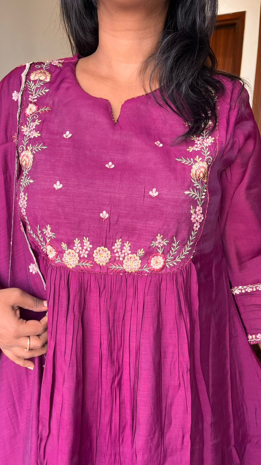 Wine shade Mul Chanderi Suit Set with Inner Lining and Embroidered Yoke