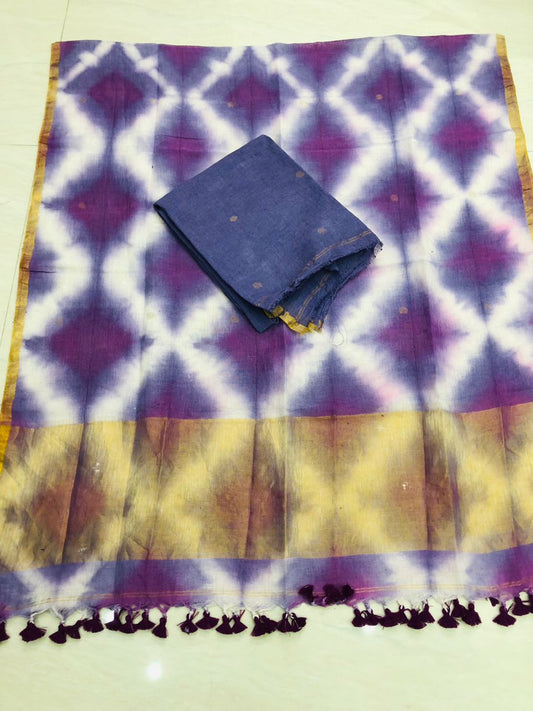 Majestic Blue Pure Jayshree Linen 2 Piece Suit with Blue- Purple Clamp Tye-Dye Dupatta