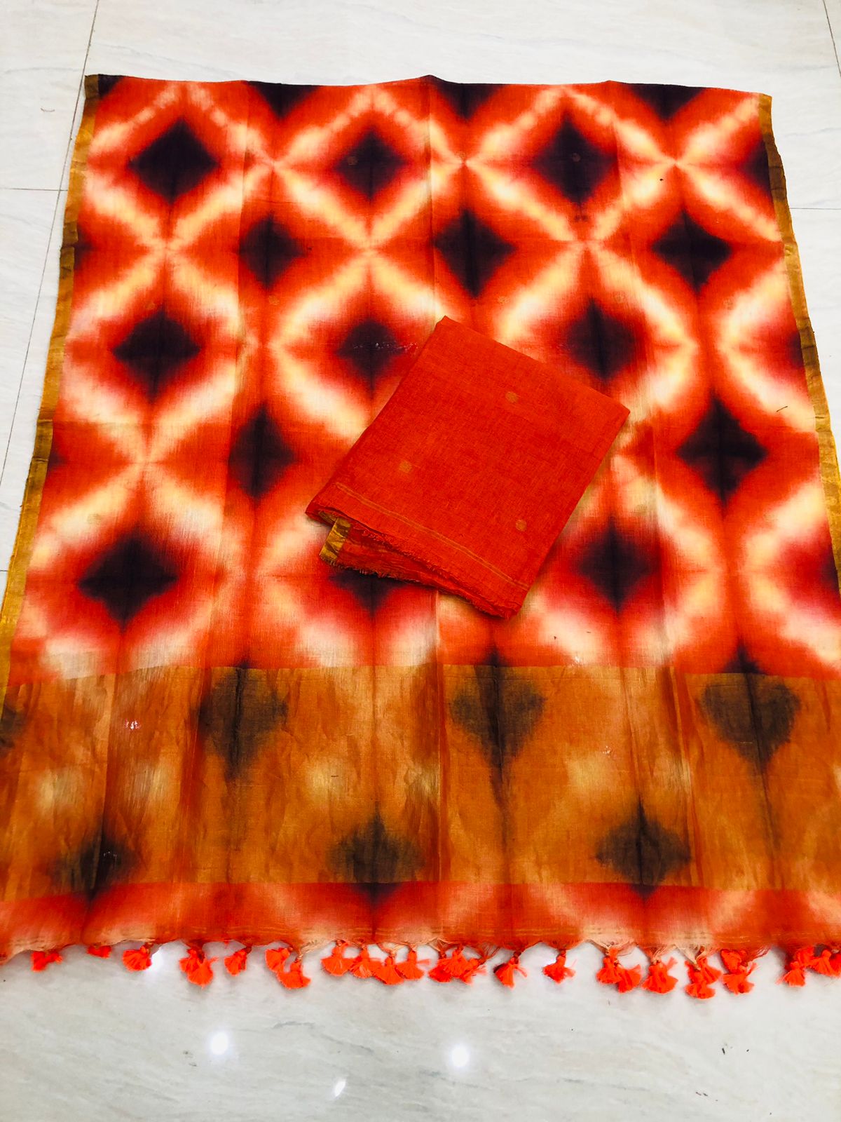 Orangish Red Pure Jayshree Linen 2 Piece Suit with Red- Black Clamp Tye-Dye Dupatta