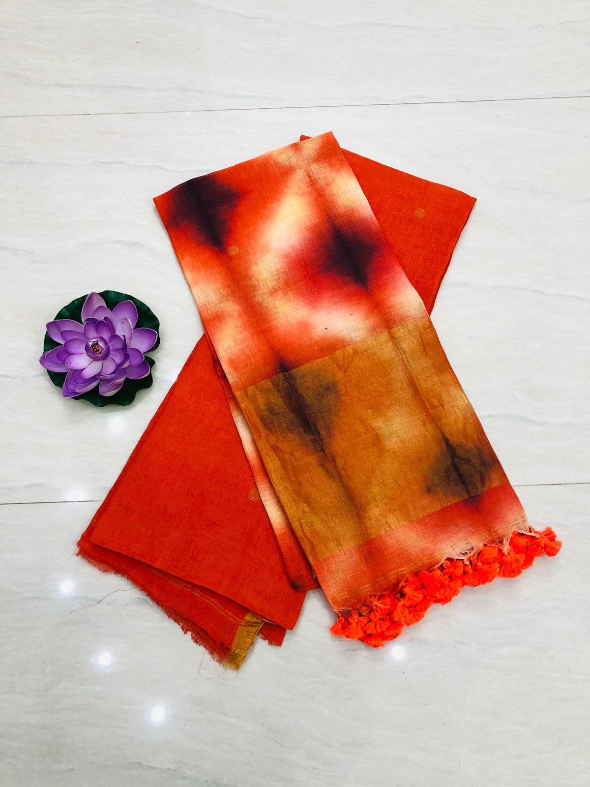 Orangish Red Pure Jayshree Linen 2 Piece Suit with Red- Black Clamp Tye-Dye Dupatta