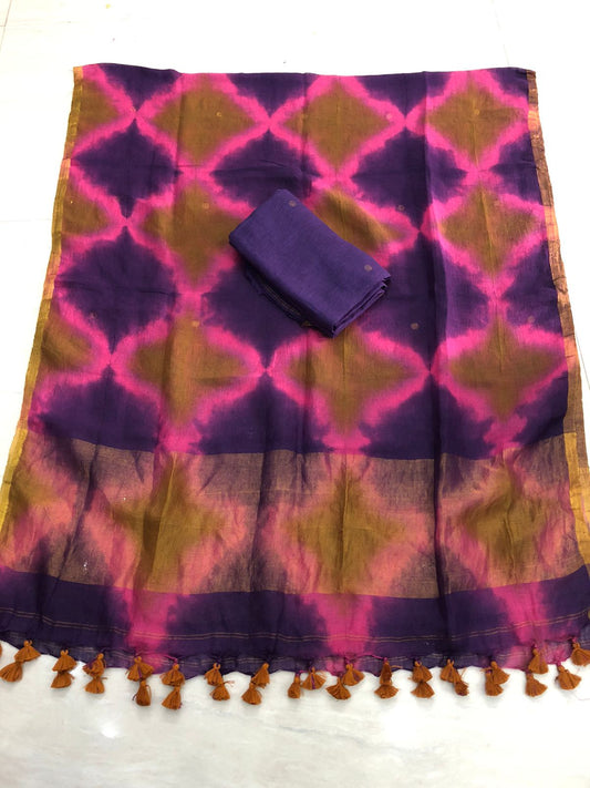 Majestic Purple Pure Jayshree Linen 2 Piece Suit with Purple-Pink Clamp Tye-Dye Dupatta