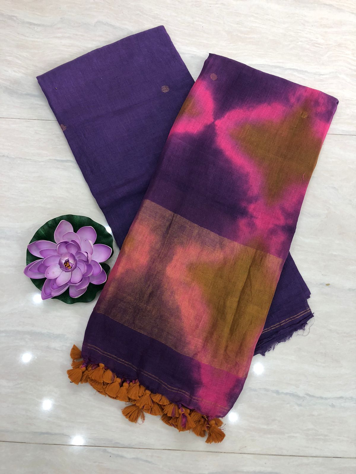 Majestic Purple Pure Jayshree Linen 2 Piece Suit with Purple-Pink Clamp Tye-Dye Dupatta