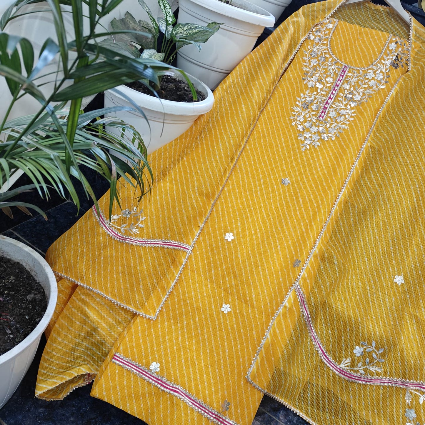 Lemon Lehariya Kota-Doria 3 Piece Suit Set with Gota Patti work and Kota Doria Dupatta