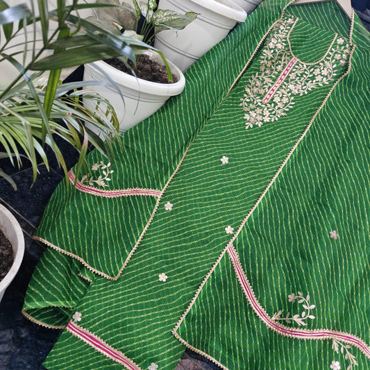 Green Lehariya Kota-Doria 3 Piece Suit Set with Gota Patti work and Kota Doria Dupatta