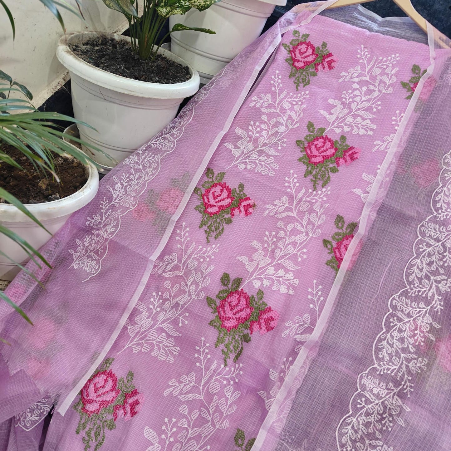 Baby Pink Kota-Doria 3 Piece Suit Set with Cross Stitch Embroidery and Kota Doria Dupatta