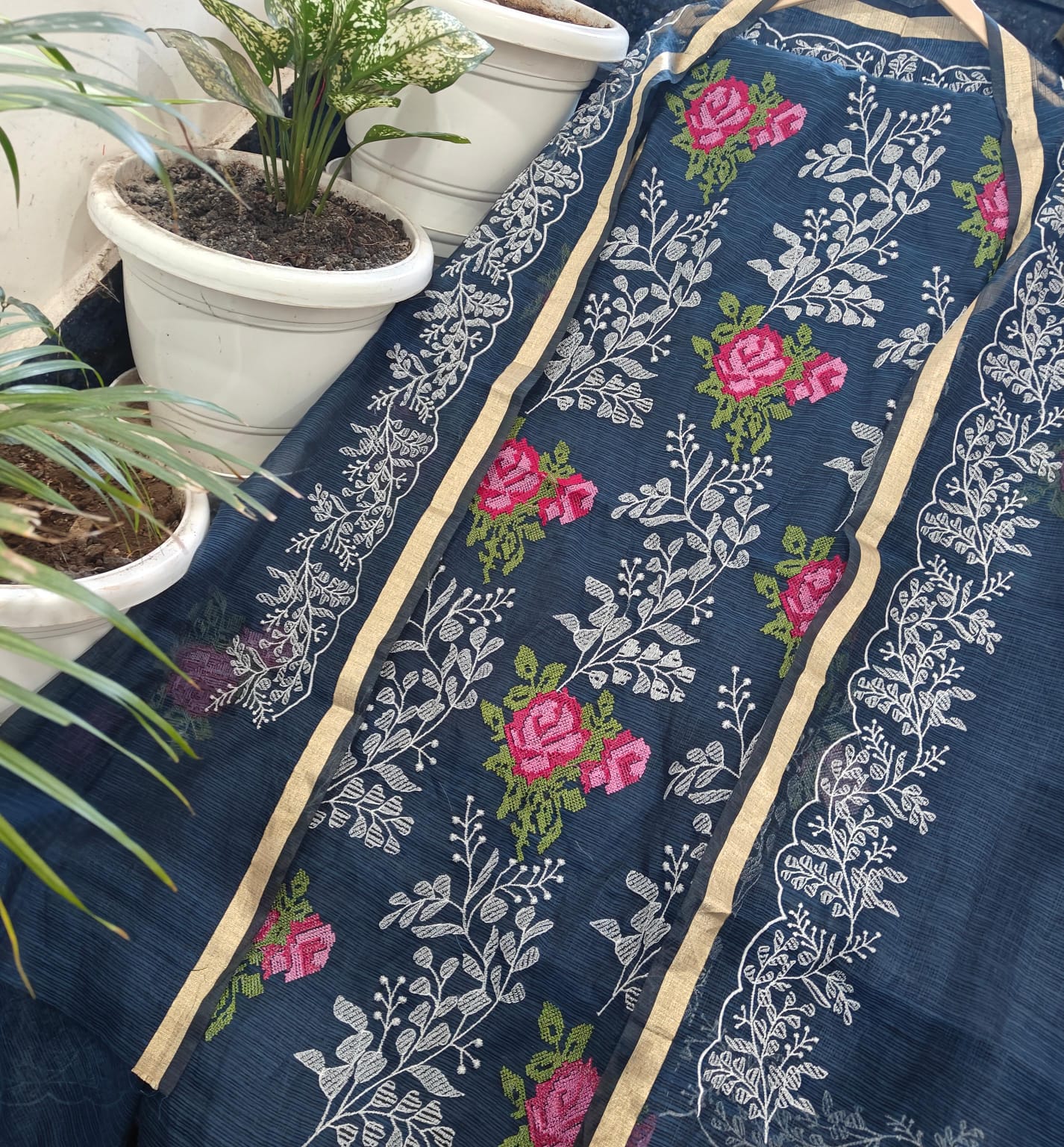 Royal Blue Kota-Doria 3 Piece Suit Set with Cross Stitch Embroidery and Kota Doria Dupatta