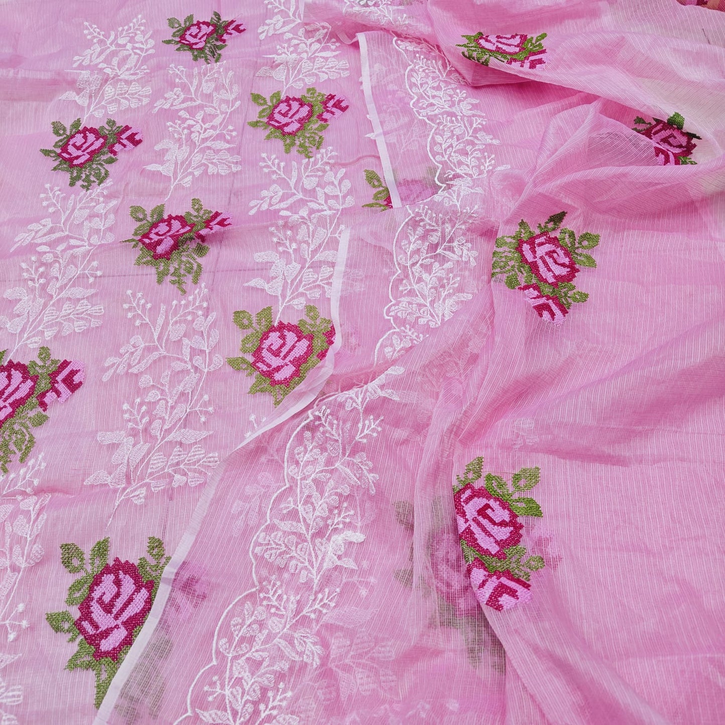 Baby Pink Kota-Doria 3 Piece Suit Set with Cross Stitch Embroidery and Kota Doria Dupatta