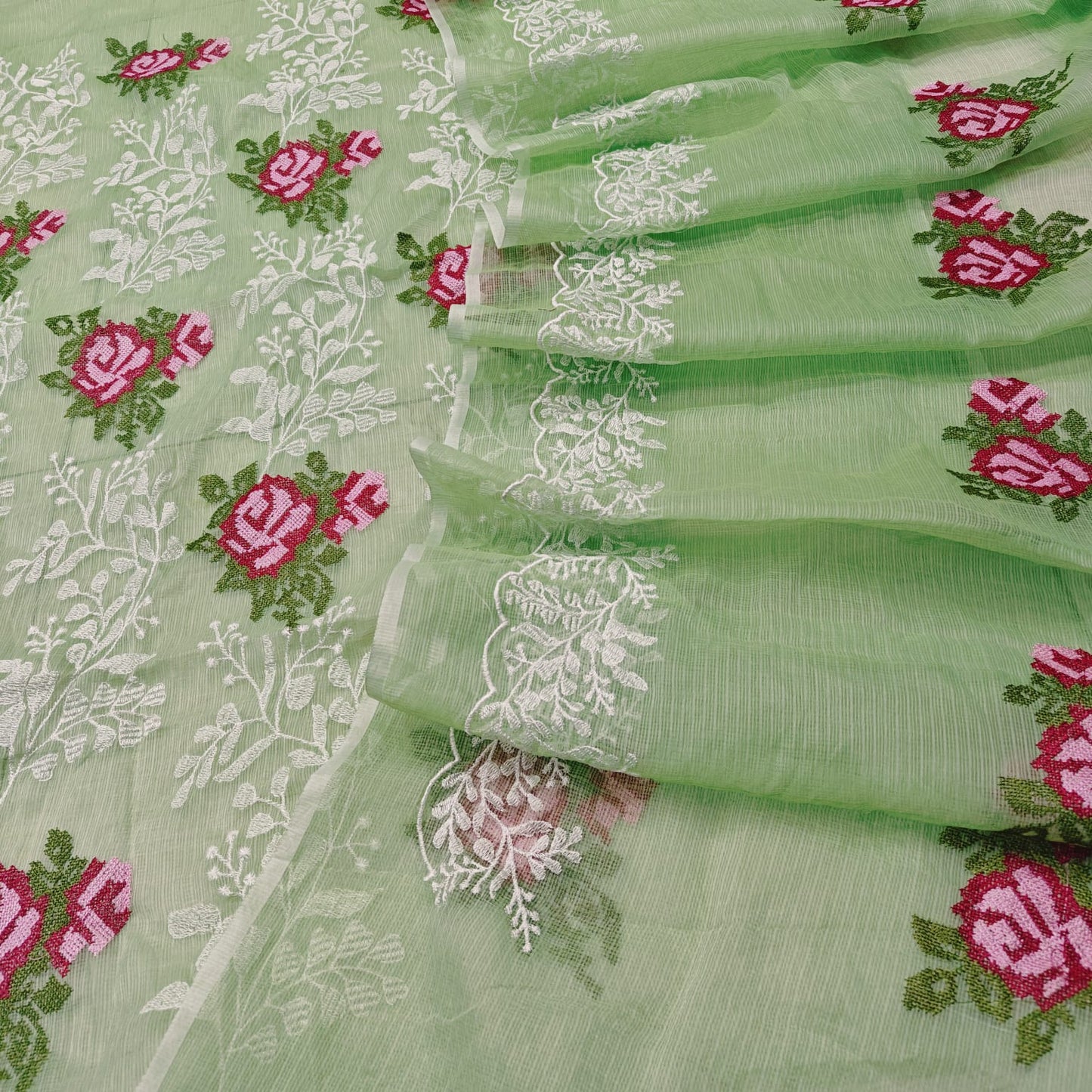 Light Mint Green Kota-Doria 3 Piece Suit Set with Cross Stitch Embroidery and Kota Doria Dupatta