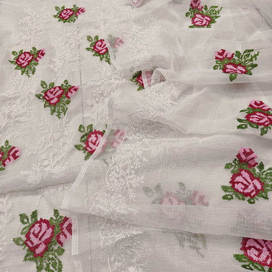 White Kota-Doria 3 Piece Suit Set with Cross Stitch Embroidery and Kota Doria Dupatta