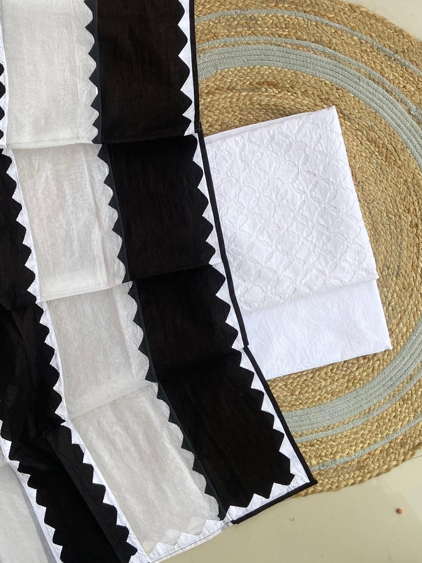 Black and White Barmer Applique Cut Work Cotton 3pc Suit with MultiColor Dupatta