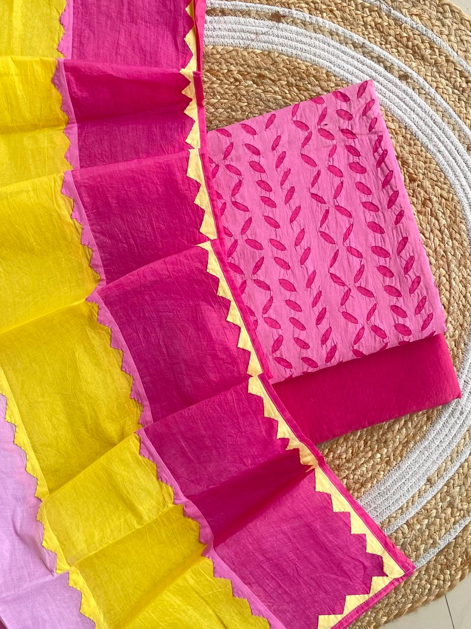 Hot Pink and Yellow Barmer Applique Cut Work Cotton 3pc Suit with MultiColor Dupatta