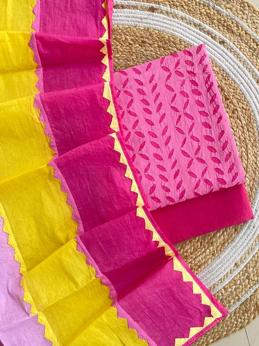 Hot Pink and Yellow Barmer Applique Cut Work Cotton 3pc Suit with MultiColor Dupatta