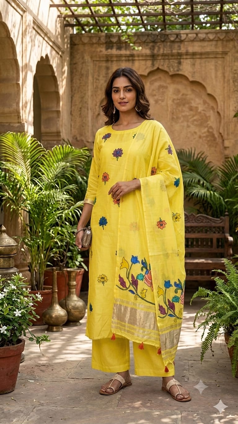 Lemon Yellow Lotus Motif Hand Painted 2 Piece Suit Material with Modal Silk Lagdi Patti Dupatta