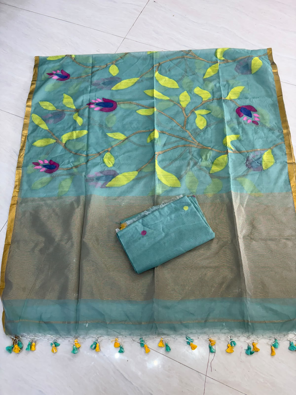 Firozi Shade Pure Handloom Resham Muslin 2 pc Set