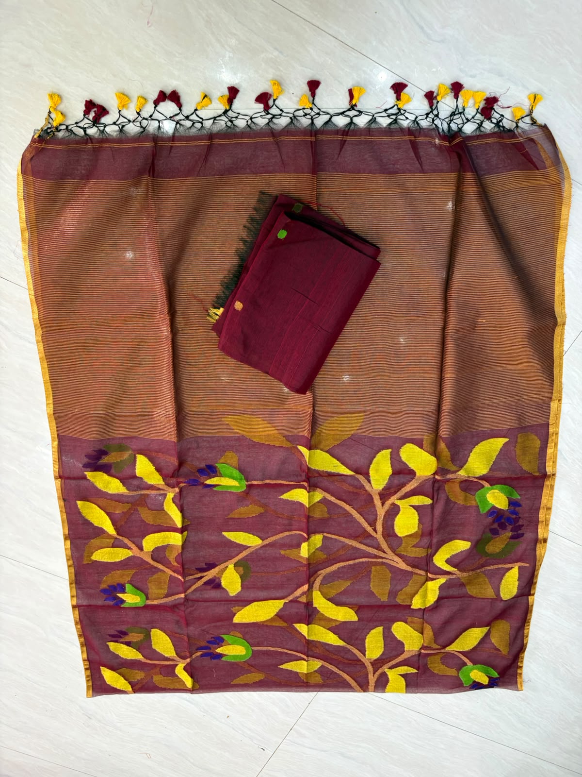 Burgandy Brown Shade Pure Handloom Resham Muslin 2 pc Set