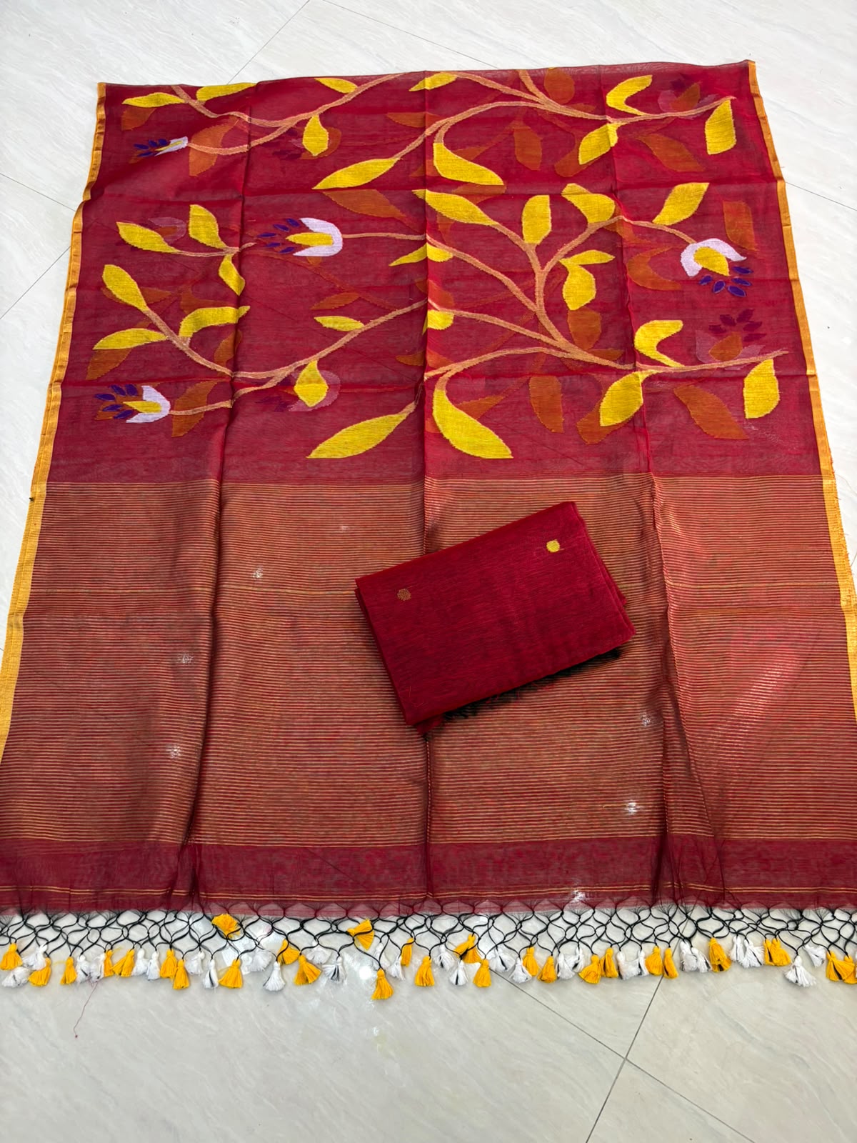 Burnt Red Shade Pure Handloom Resham Muslin 2 pc Set