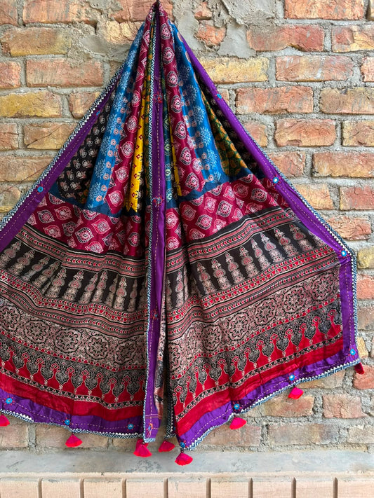 Purple Base Multicolour Pure Modal Silk Applique Cut Work Dupatta