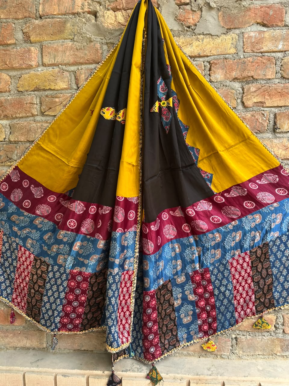 Mustard Base Multicolour Pure Modal Silk Applique Cut & Mirror Work Dupatta