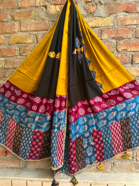Mustard Base Multicolour Pure Modal Silk Applique Cut & Mirror Work Dupatta