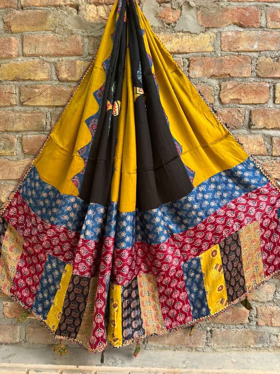 Mustard Base Multicolour Pure Modal Silk Applique Cut & Mirror Work Dupatta