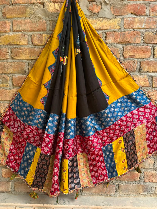 Mustard Base Multicolour Pure Modal Silk Applique Cut & Mirror Work Dupatta