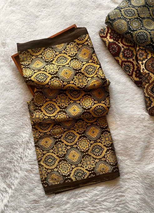 Black Base Beige Jaal Motif Ajrakh Mashru Silk Fabric
