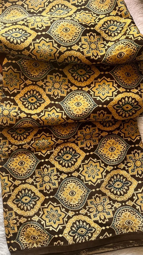 Black Base Beige Jaal Motif Ajrakh Mashru Silk Fabric