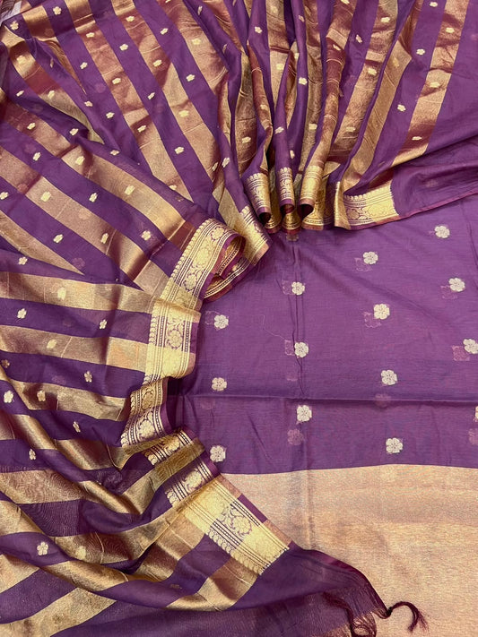 Falsi Purple Semi Chanderi 3 Piece Suit Set with Zari Thread Work and Tissue Daman