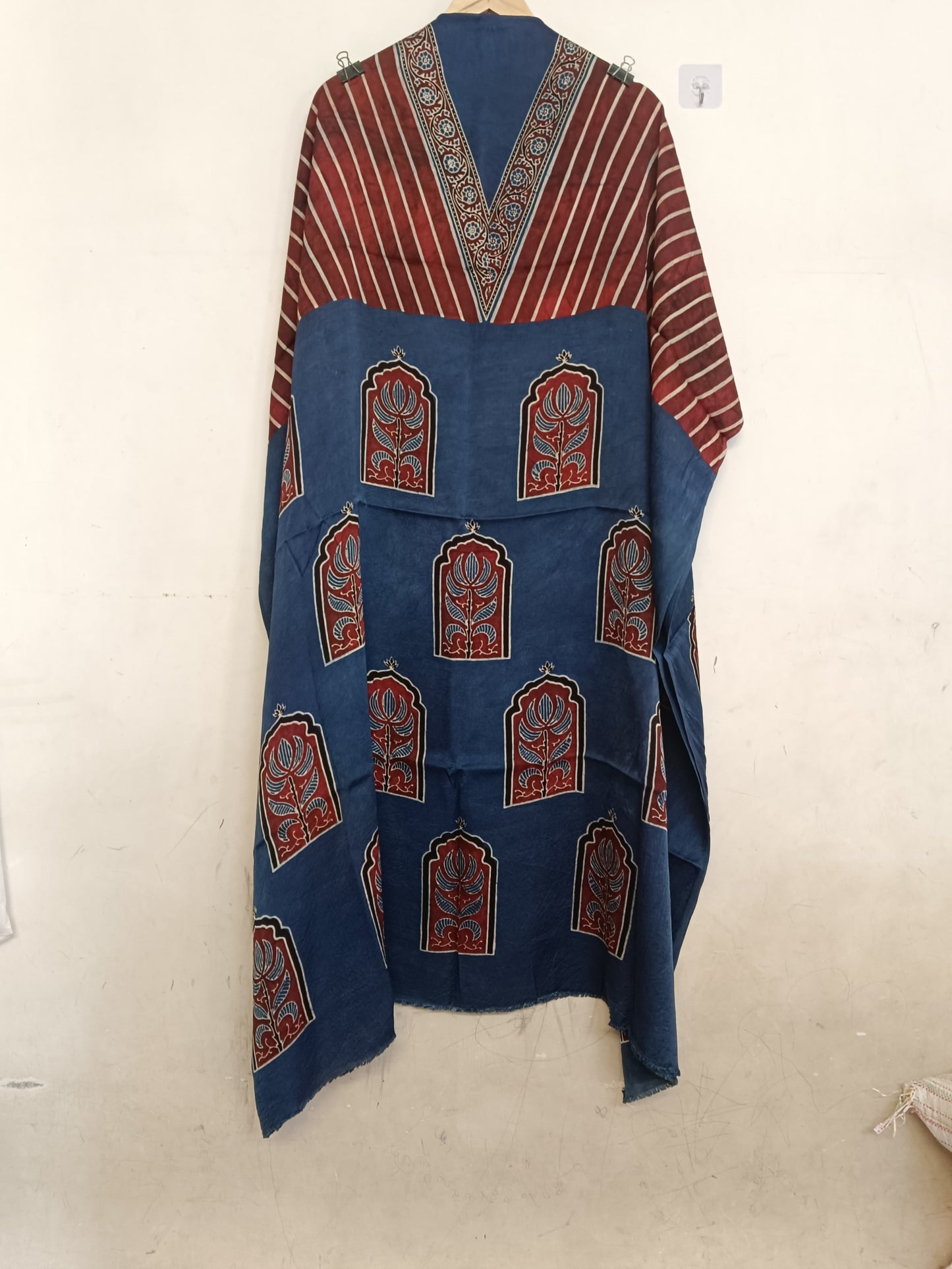 Blue and Red Dhaari and Jharokha Motif Modal Silk Ajrakh Hand Block Print Designer Unstitched Fabric (Kurta Only)