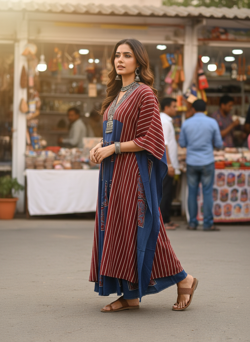 Blue and Red Dhaari and Jharokha Motif Modal Silk Ajrakh Hand Block Print Designer Unstitched Fabric (Kurta Only)