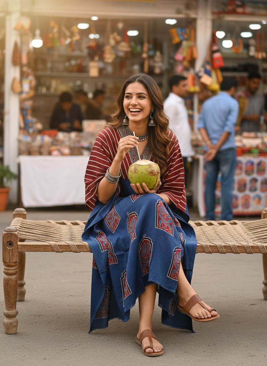 Blue and Red Dhaari and Jharokha Motif Modal Silk Ajrakh Hand Block Print Designer Unstitched Fabric (Kurta Only)