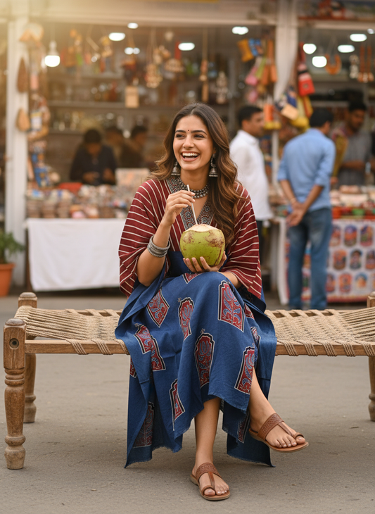 Blue and Red Dhaari and Jharokha Motif Modal Silk Ajrakh Hand Block Print Designer Unstitched Fabric (Kurta Only)