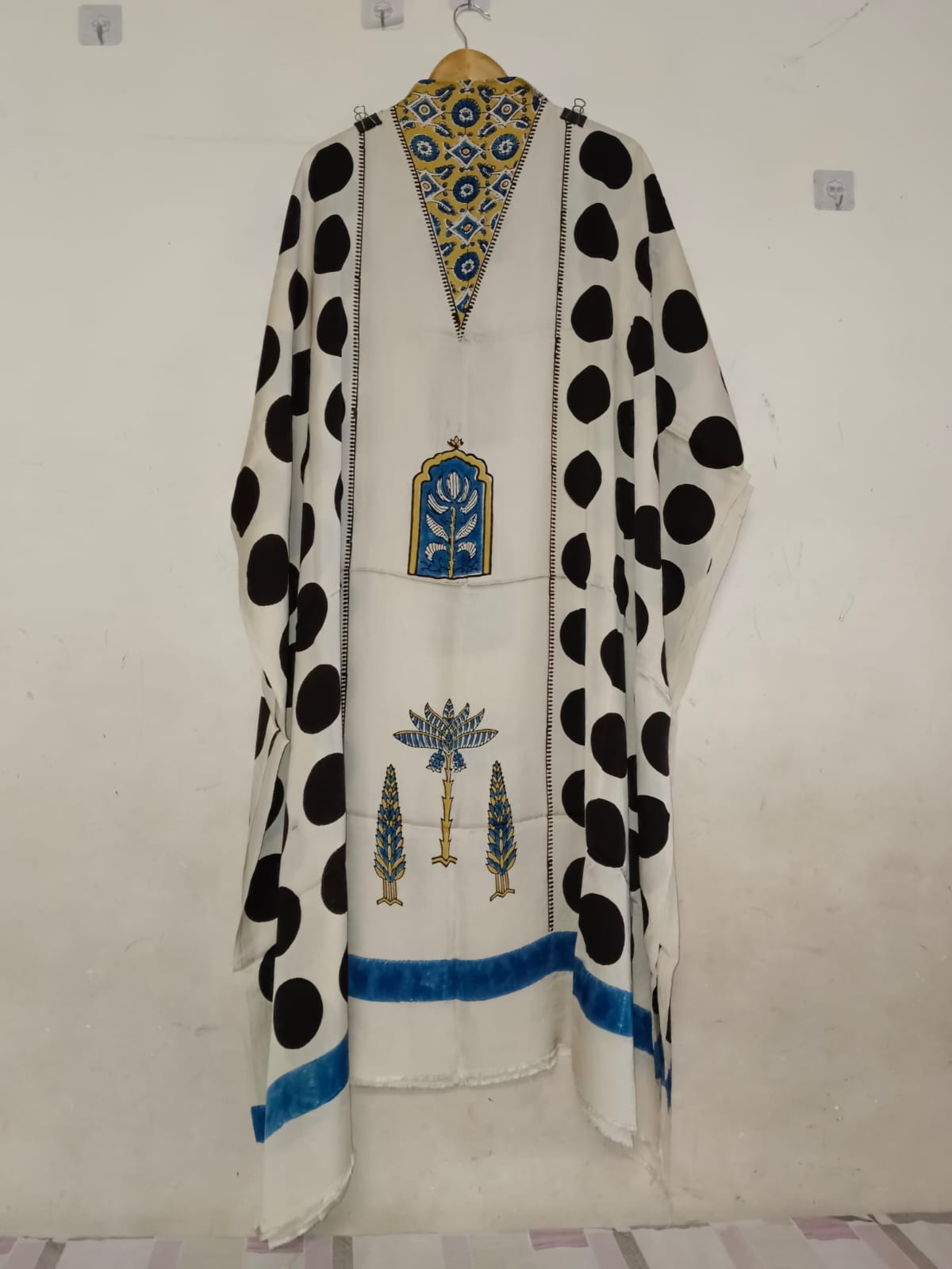 White Jharokha and Polka Motif Modal Silk Ajrakh Hand Block Print Designer Unstitched Fabric (Kurta Only)