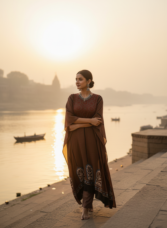 Chocolate Brown Jharokha Motif Modal Silk Ajrakh Hand Block Print Designer Unstitched Fabric (Kurta Only)