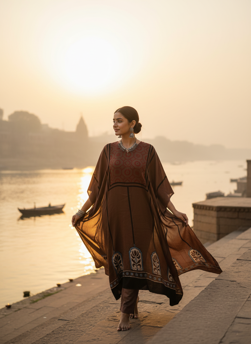 Chocolate Brown Jharokha Motif Modal Silk Ajrakh Hand Block Print Designer Unstitched Fabric (Kurta Only)