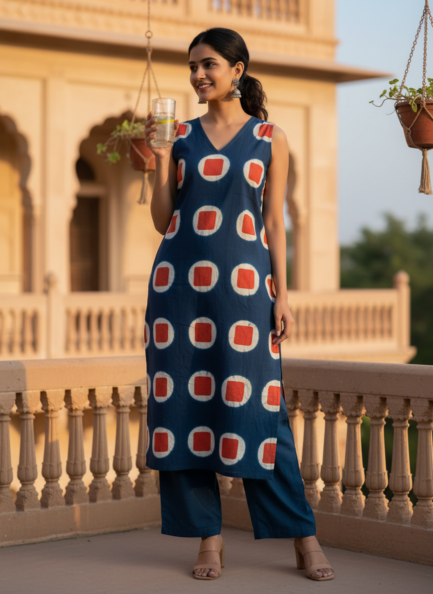 Blue and Red Clamp Dyed Print Designer Unstitched Pure Cotton Fabric (Kurta Only)