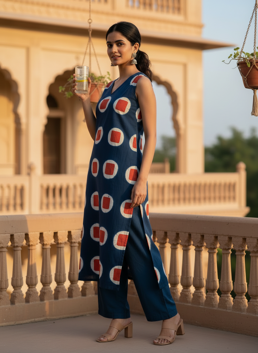 Blue and Red Clamp Dyed Print Designer Unstitched Pure Cotton Fabric (Kurta Only)