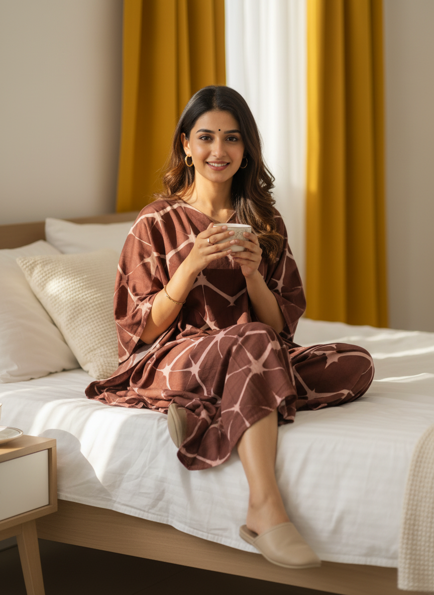 Coffee Brown Clamp Dyed Print Designer Unstitched Pure Cotton Fabric (Kurta Only)