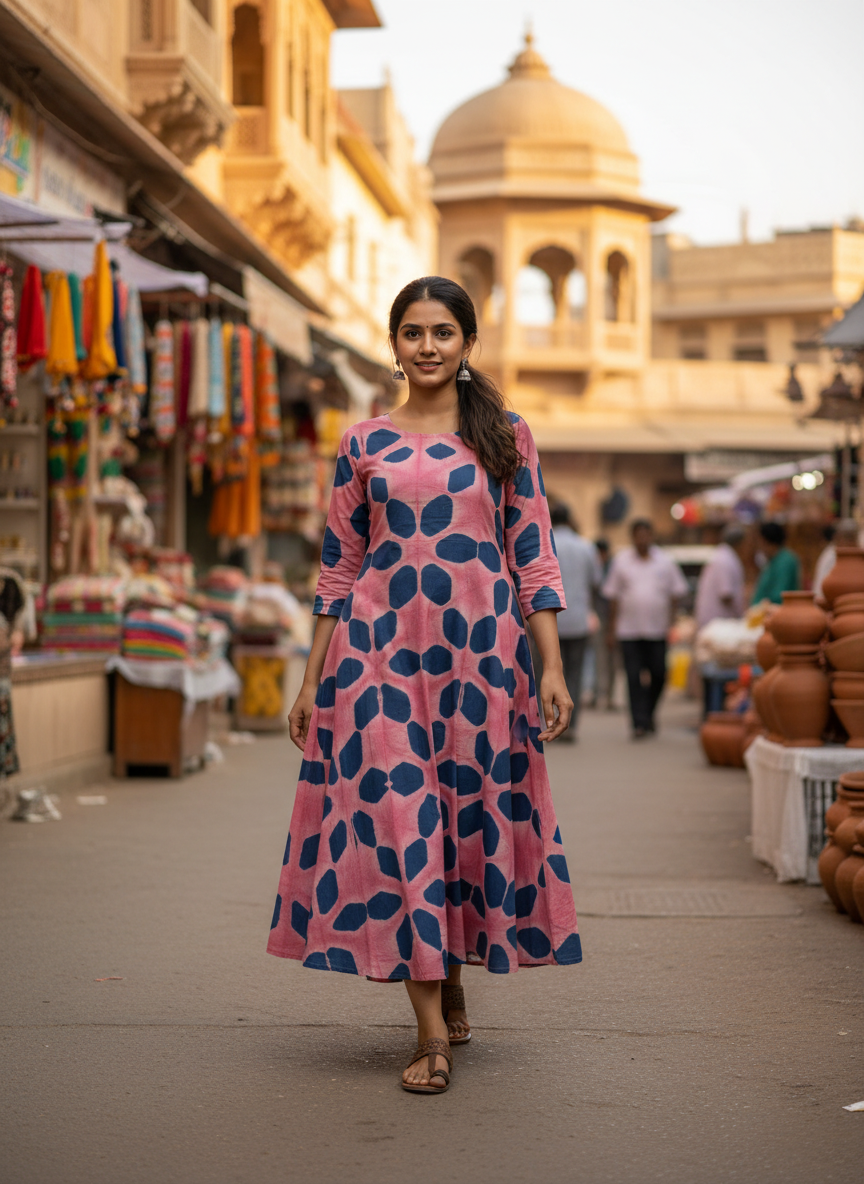 Pink and Blue Clamp Dyed Print Designer Unstitched Pure Cotton Fabric (Kurta Only)