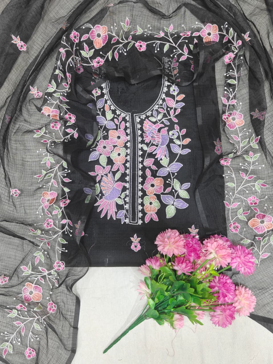 Midnight Black Kota Doria 3 Piece Suit Set with Bird Motif and Kota Doria Dupatta